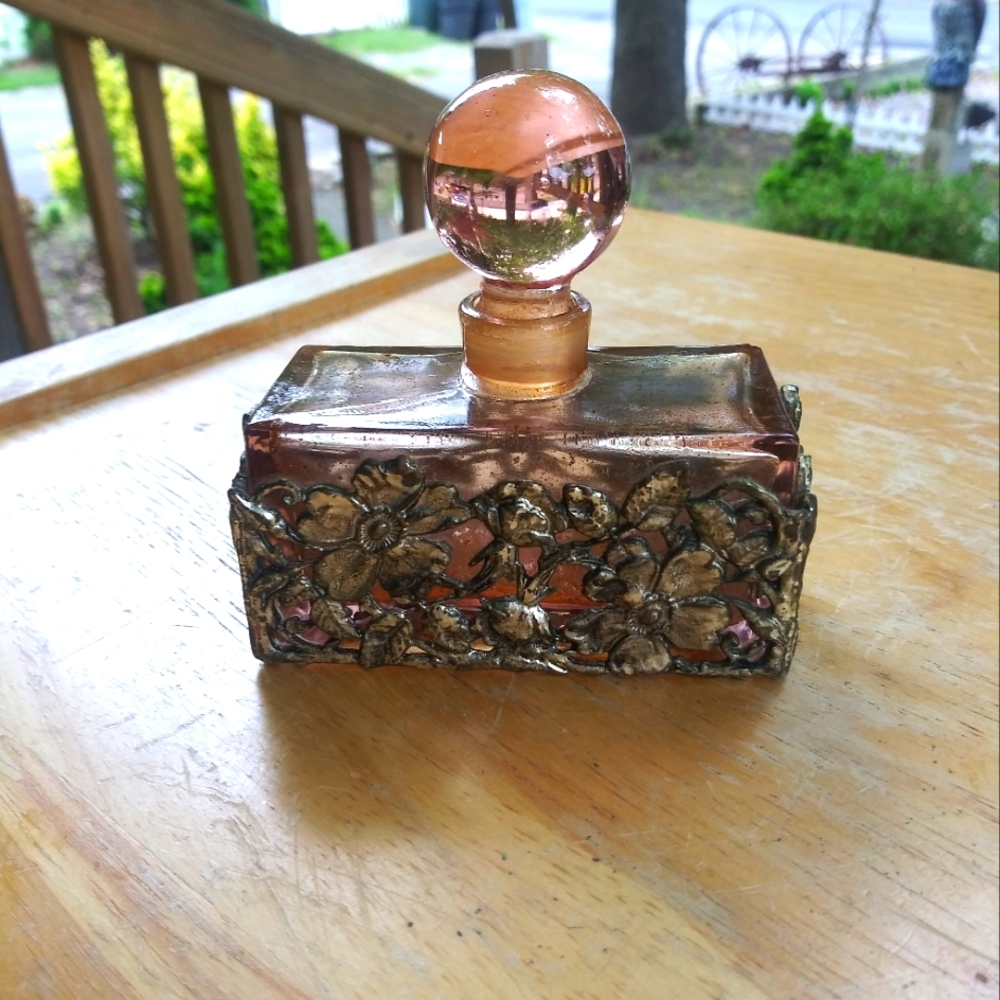 Crystal Pink Perfume Bottle with brass casing